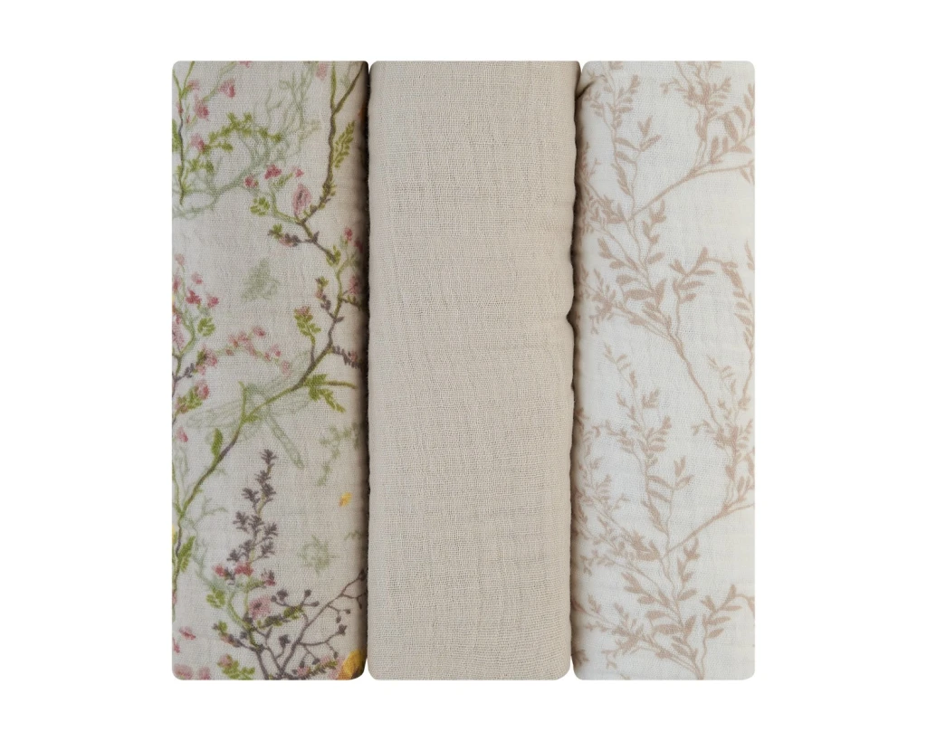 KIKKA BOO MUSLIN PELENE,SET 3 KOM,75X75CM,SECRET GARDEN BEIG